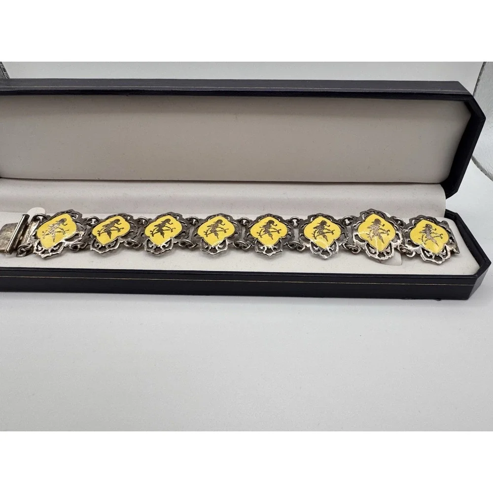 Amfarco Sterling Silver Yellow Enamel Siam Thai Dancer Panel Bracelet 925